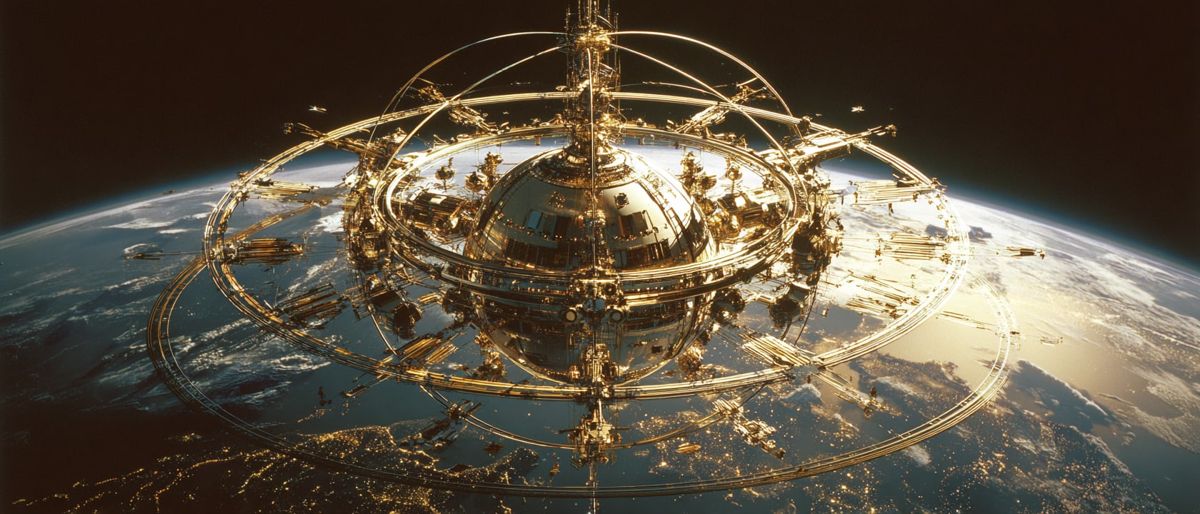 Earth from high orbit, partially encircled by the Helios solar swarm lattice.